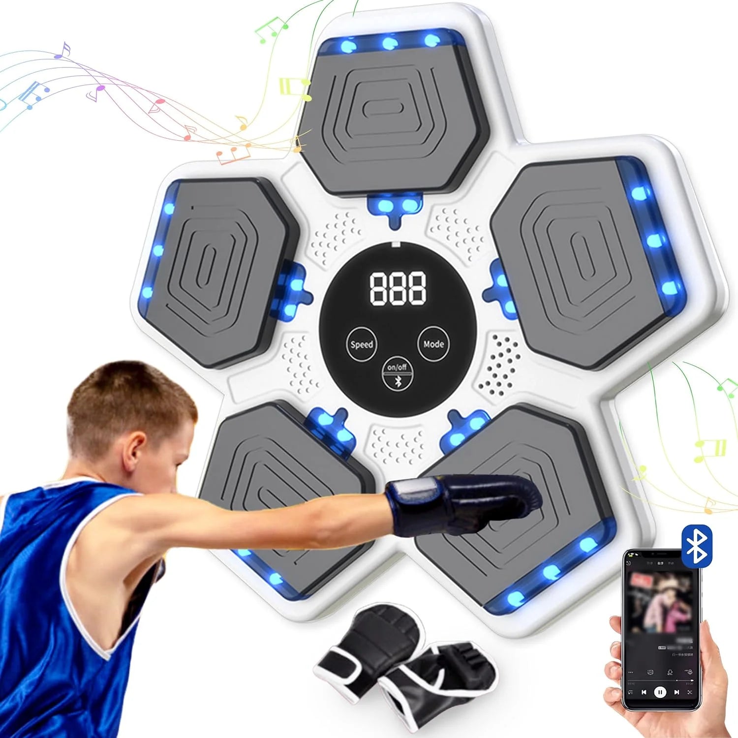 Music Boxing Machine for Kids, Smart Bluetooth Boxing Machine with Boxing Gloves, Wall Mounted Electronic Boxing Training Punching Equipment with Display Screen, Workout Machine for Home Indoor Gym